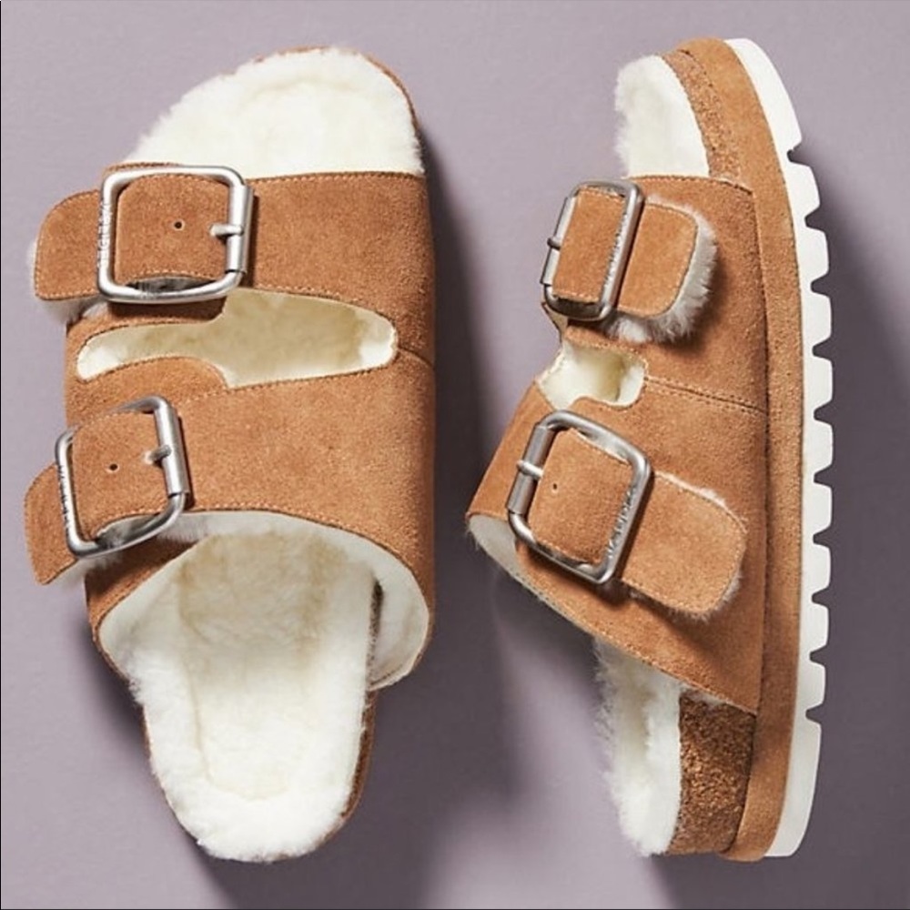 J/Slides Lynx Shearling-Lined Cozy Slippers Sandals Tan White 8 Anthropologie